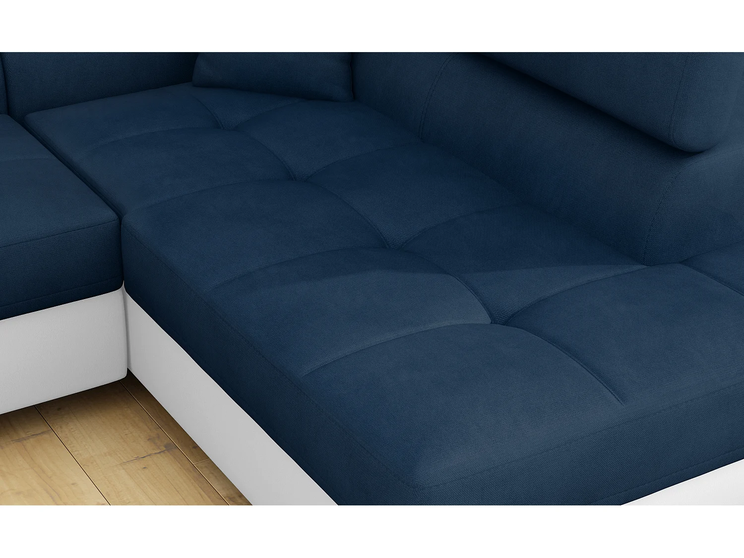 Sofá esquinero convertible en símil piel y tela reposacabezas elevables - Colección Marka-Blanco/Azul oscuro-Ángulos rectos