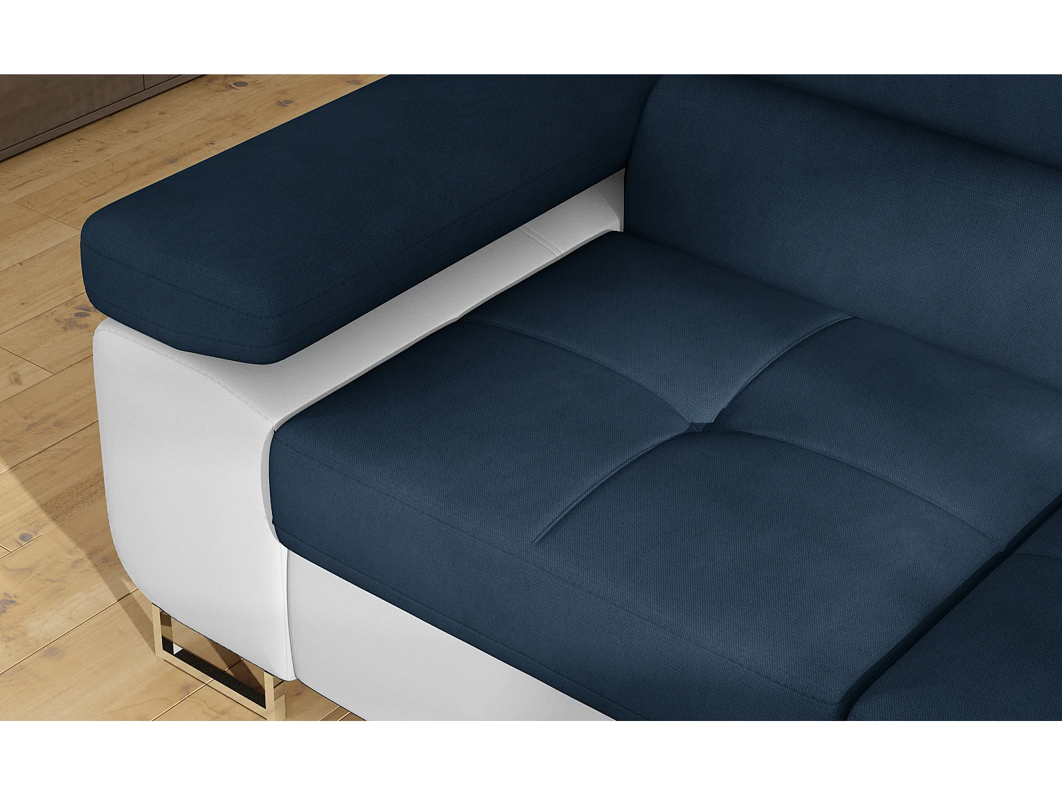 Sofá esquinero convertible en símil piel y tela reposacabezas elevables - Colección Marka-Blanco/Azul oscuro-Ángulos rectos