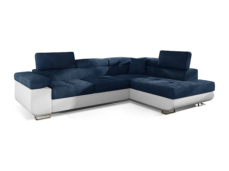 Canapé d'angle droit convertible velours bleu marine et simili blanc Marka 275cm