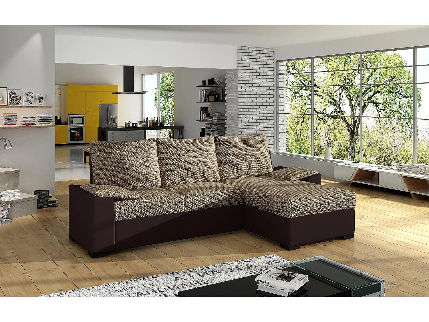 Canapé angle convertible et réversible simili marron et tissu beige clair chiné Luzo 245cm
