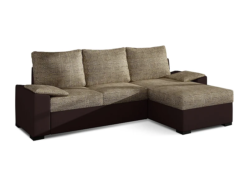 Converteerbare en omkeerbare hoekbank in bruine imitatie en lichtbeige gemêleerde stof Luzo 245 cm