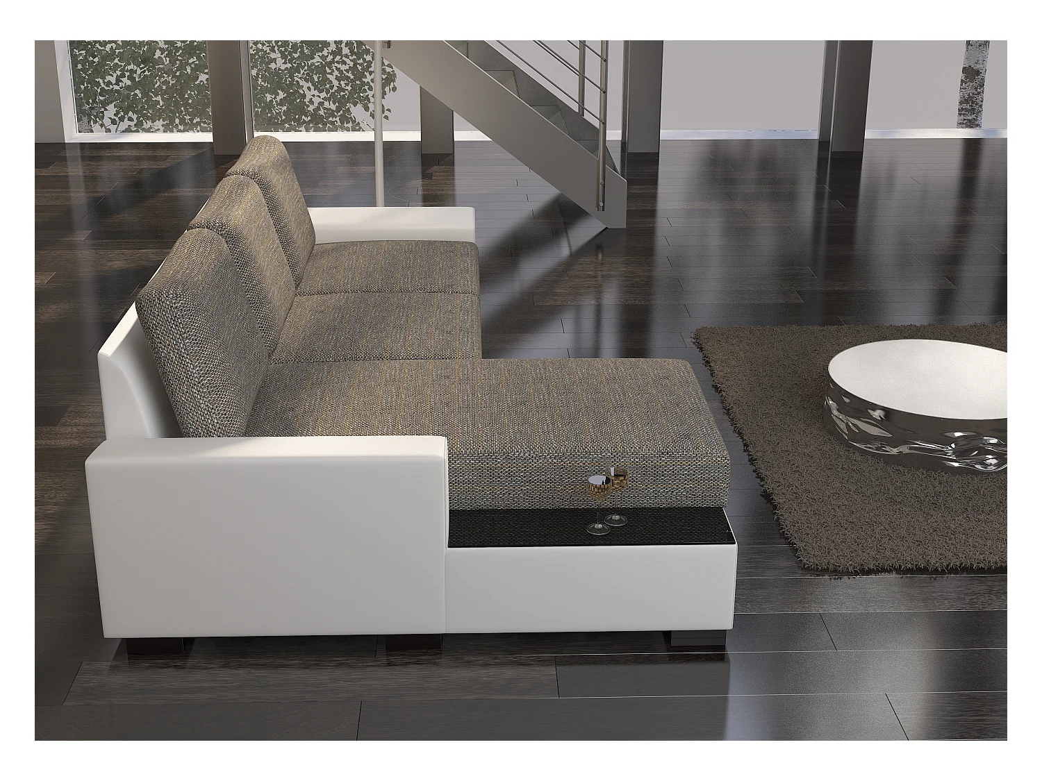 Linkerhoekslaapbank donkergrijze stof en wit kunstleer James 245 cm