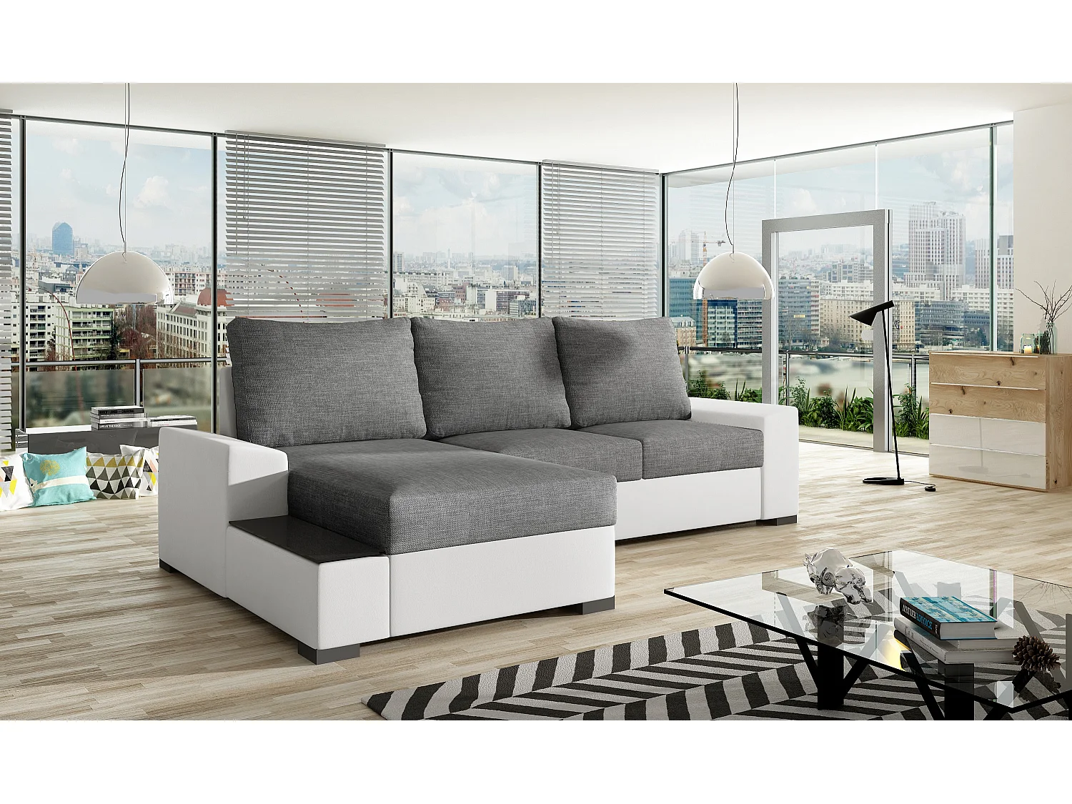 Canapé angle gauche convertible tissu gris foncé et simili blanc James 245cm