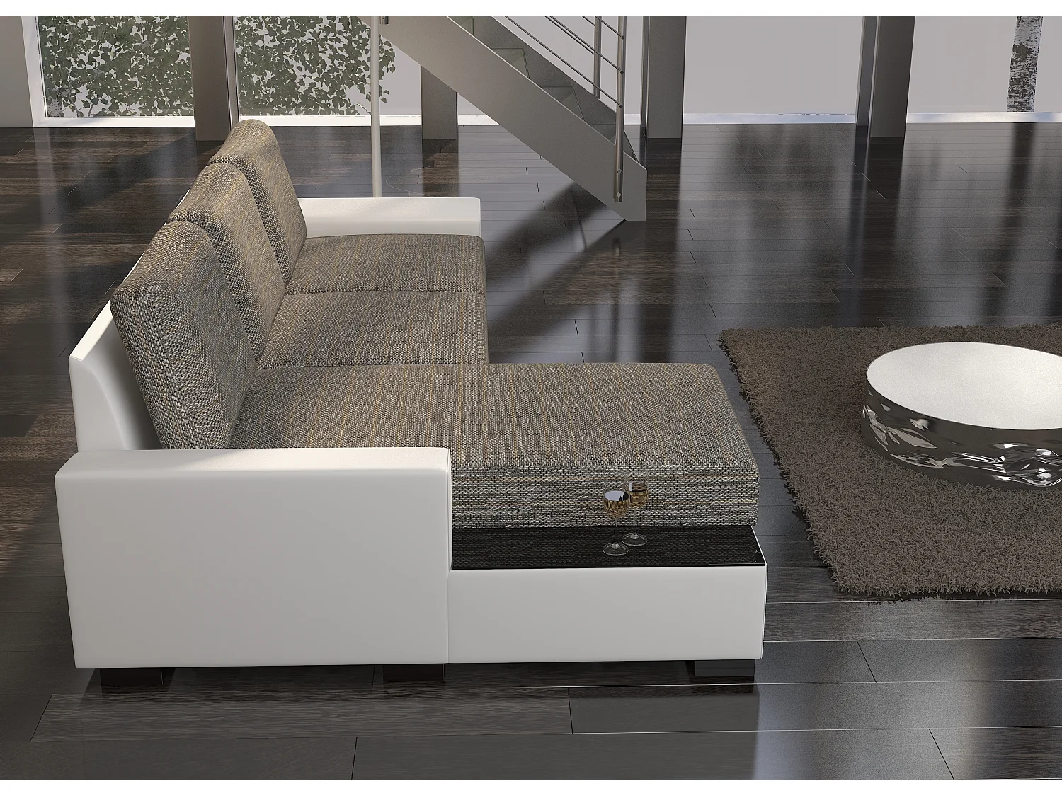 Canapé angle gauche convertible tissu gris foncé et simili blanc James 245cm