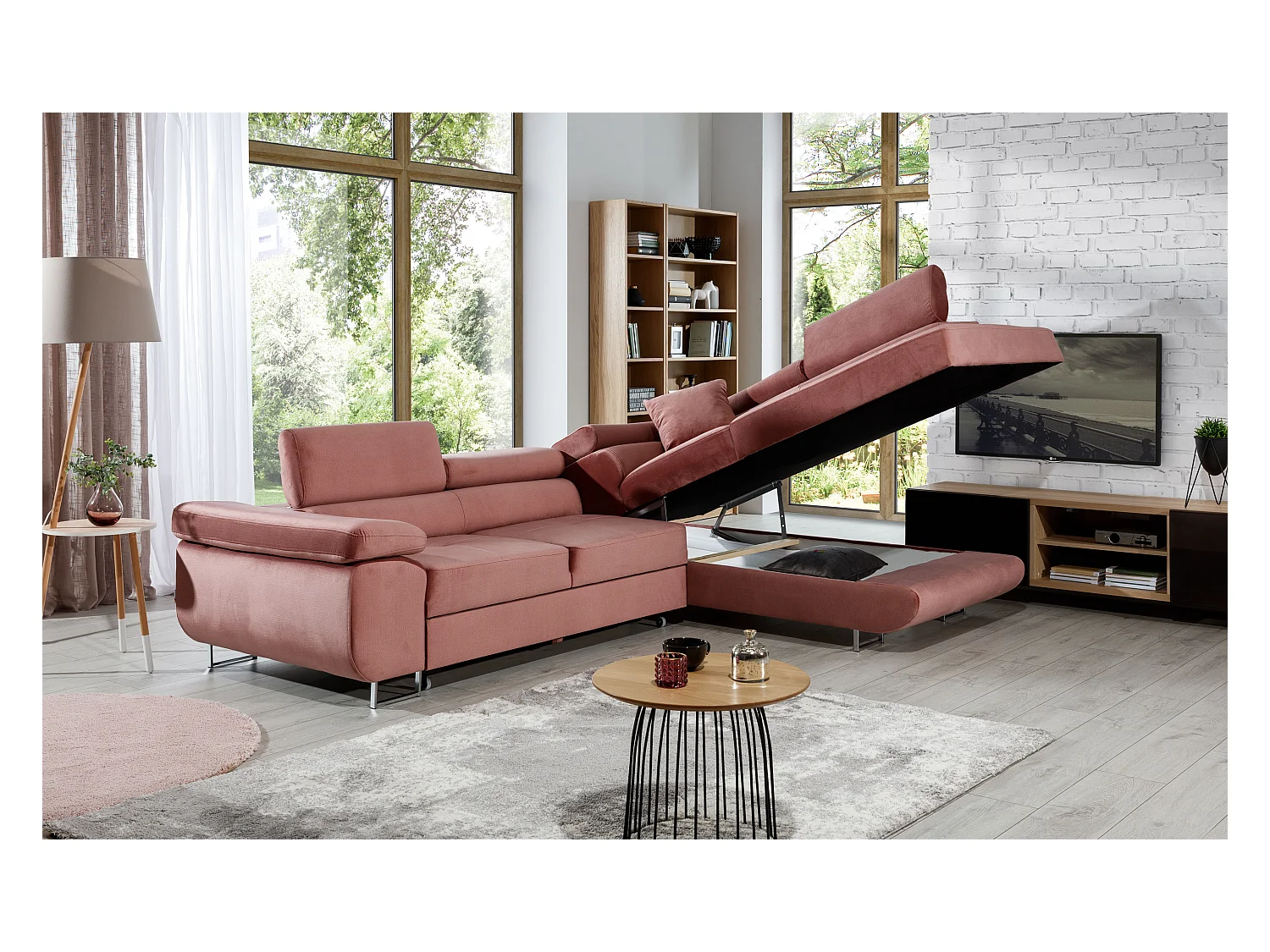 Canapé d'angle droit convertible tissu beige clair chiné et simili cuir beige Marka 275cm