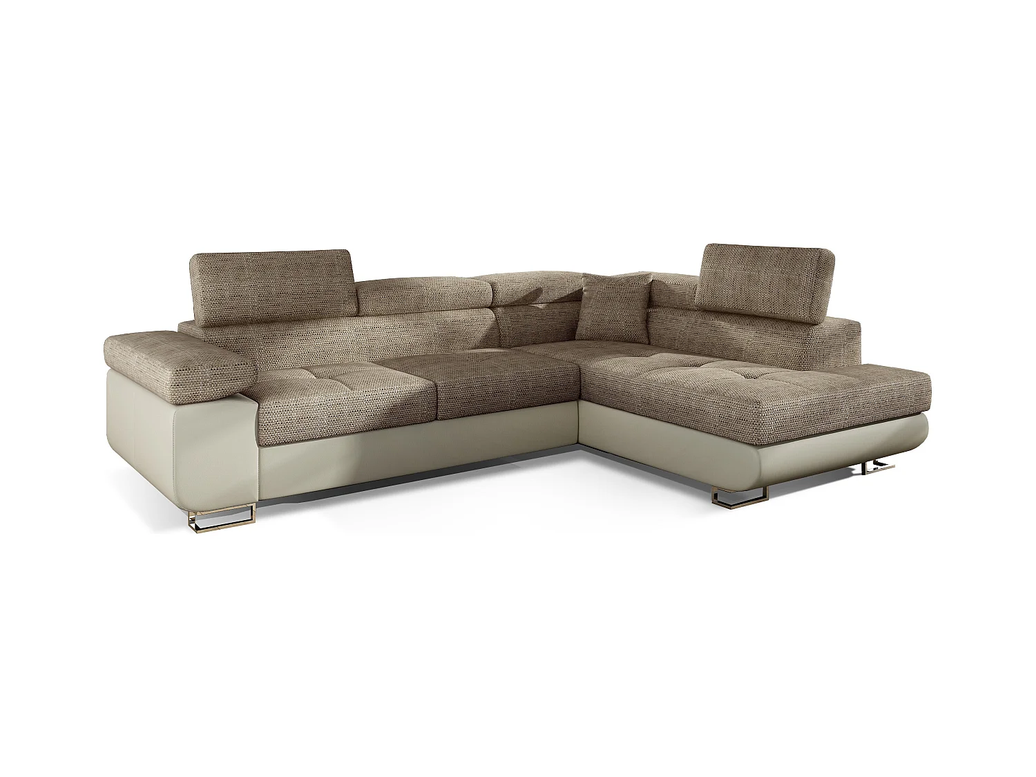 Canapé d'angle droit convertible tissu beige clair chiné et simili cuir beige Marka 275cm