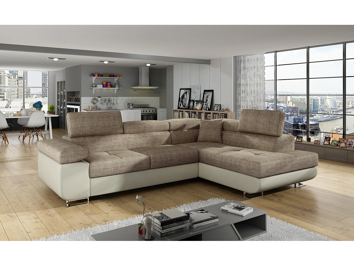 Canapé d'angle droit convertible tissu beige clair chiné et simili cuir beige Marka 275cm