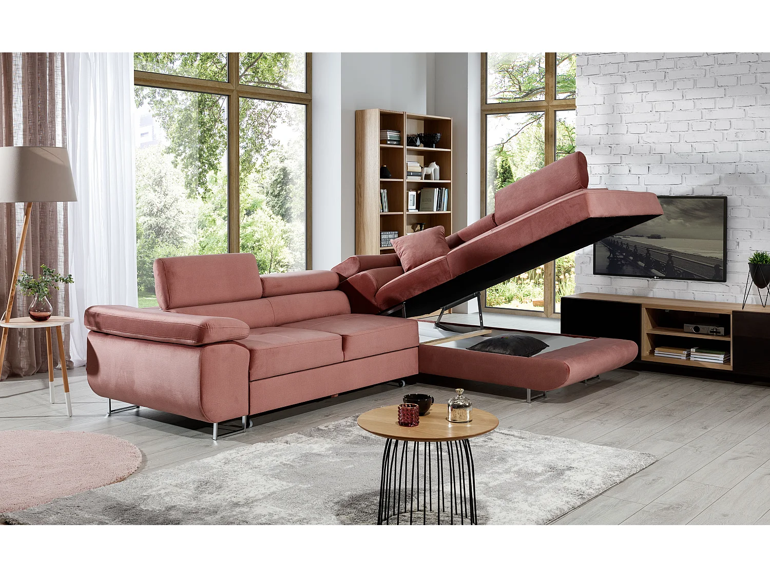 Canapé d'angle droit convertible tissu beige clair chiné et simili cuir beige Marka 275cm