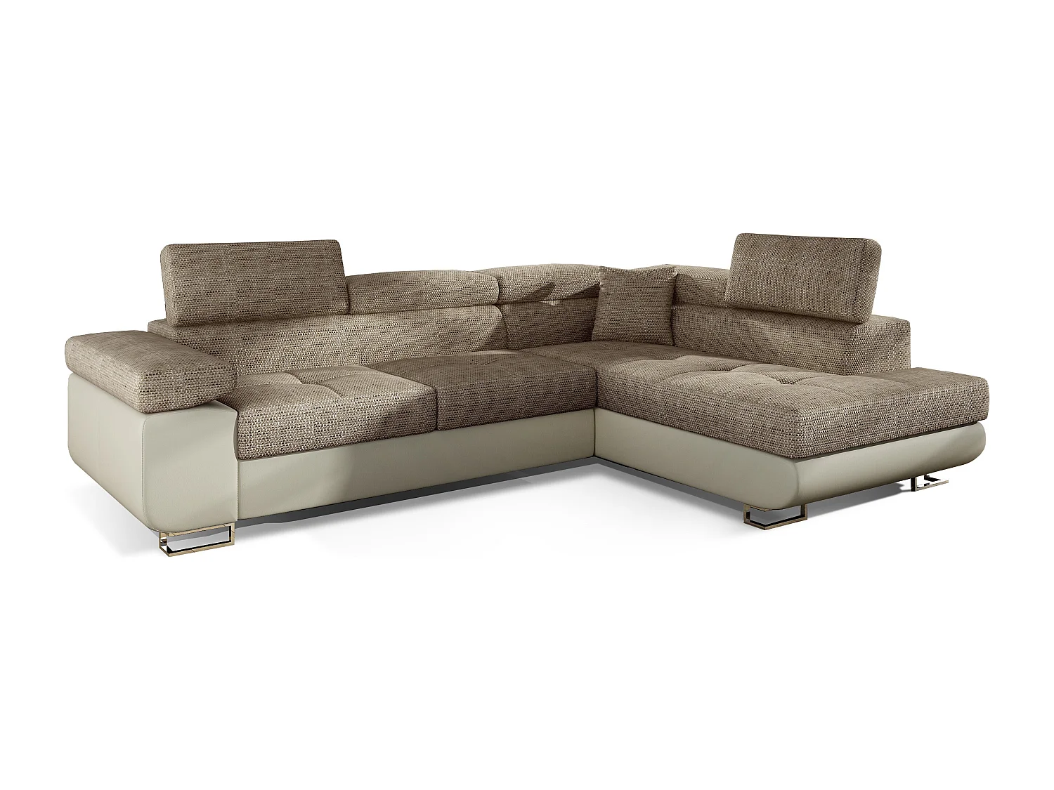 Canapé d'angle droit convertible tissu beige clair chiné et simili cuir beige Marka 275cm