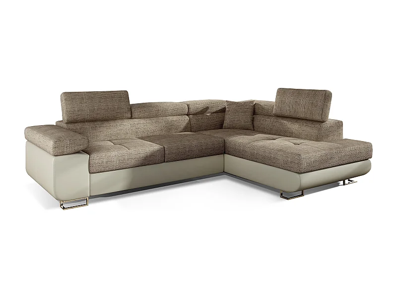 Canapé d'angle droit convertible tissu beige clair chiné et simili cuir beige Marka 275cm