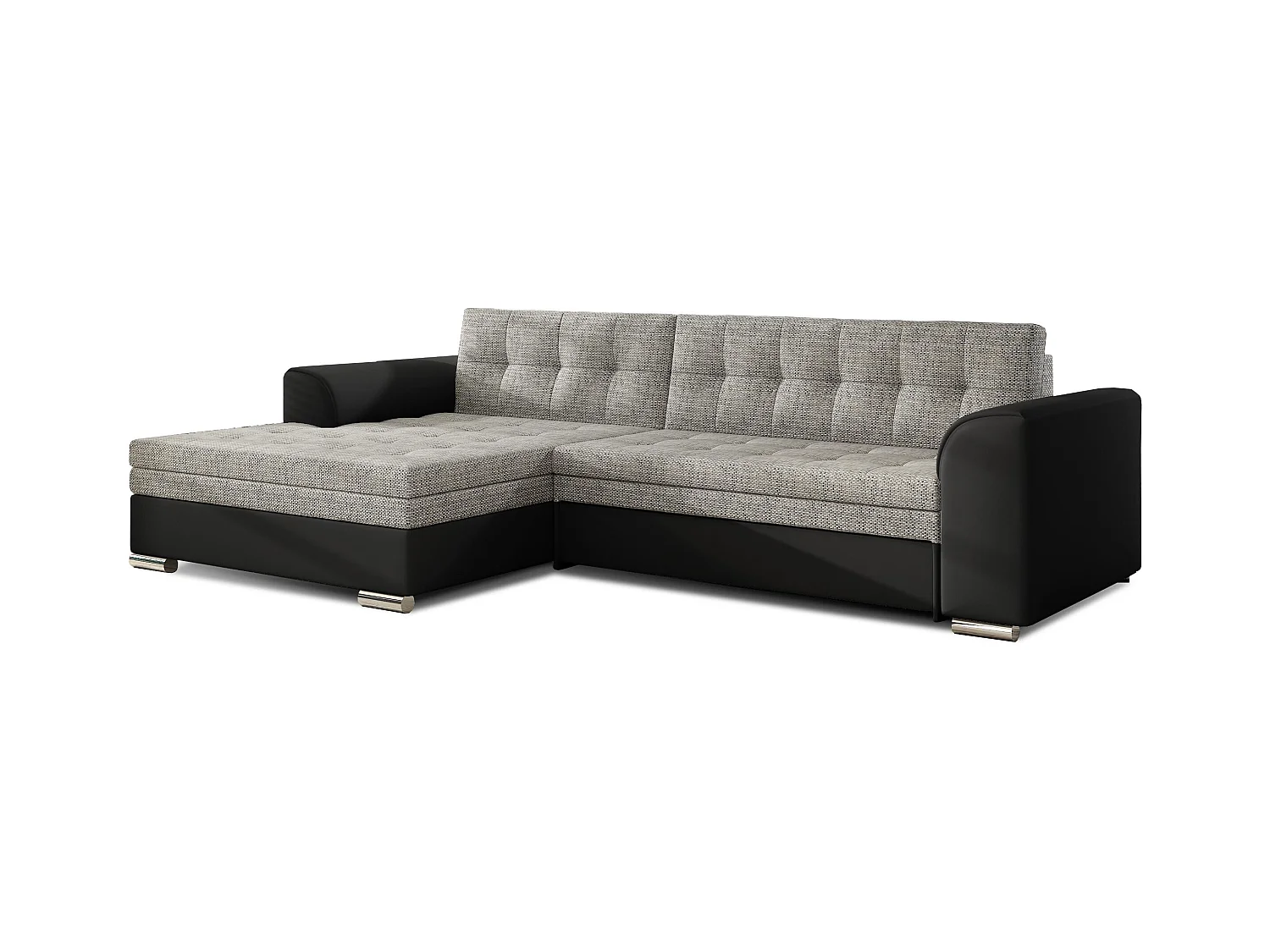 Canapé angle gauche convertible tissu gris chiné et simili noir Kapitona 270cm