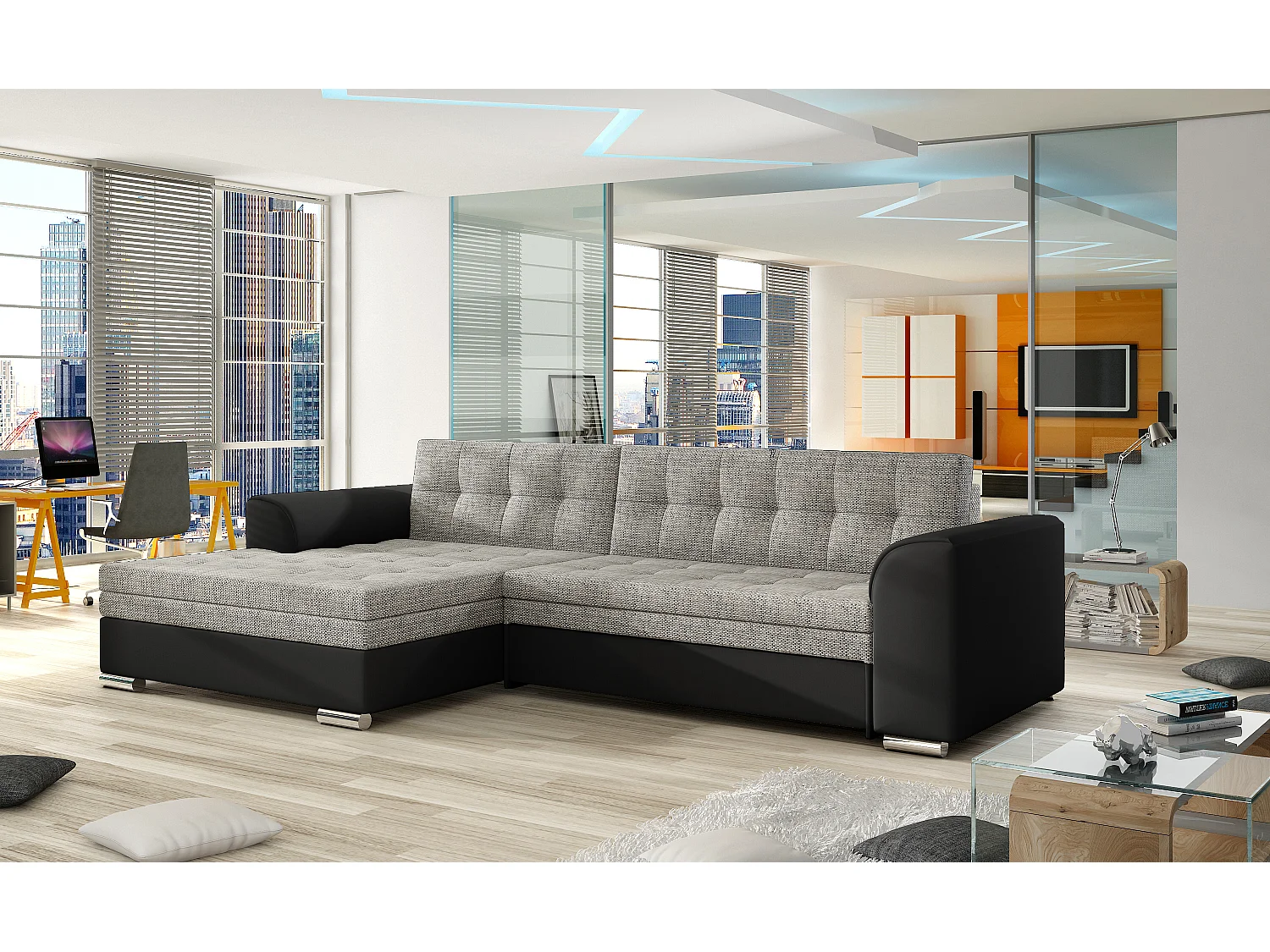 Canapé angle gauche convertible tissu gris chiné et simili noir Kapitona 270cm