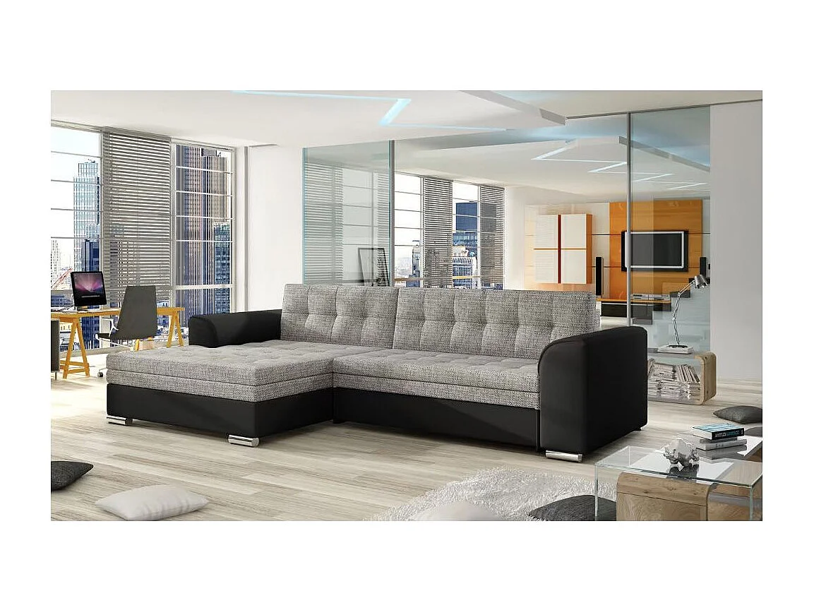 Sofá esquinero convertible KAPONA en tela y piel sintética - Patas de acero cromado-Negro/gris jaspeado-Ángulo izquierdo