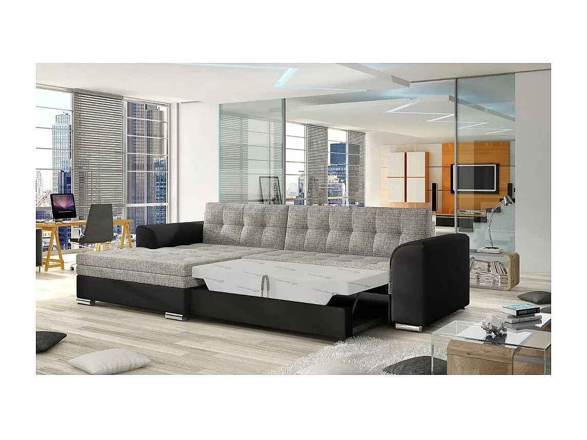 Sofá esquinero convertible KAPONA en tela y piel sintética - Patas de acero cromado-Negro/gris jaspeado-Ángulo izquierdo