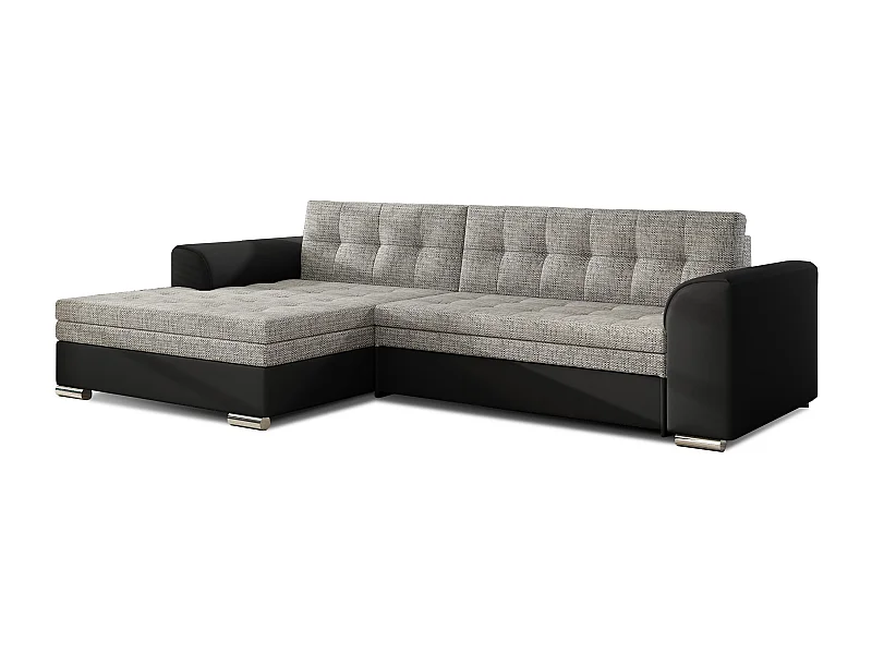 Canapé angle gauche convertible tissu gris chiné et simili noir Kapitona 270cm