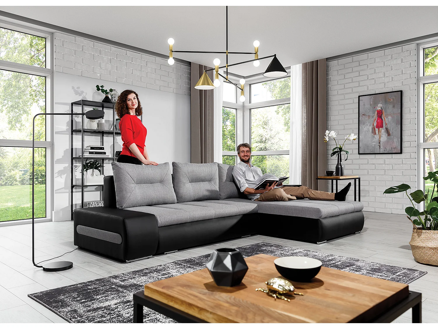 Canapé convertible angle droit tissu beige chiné et simili marron Waker 275cm