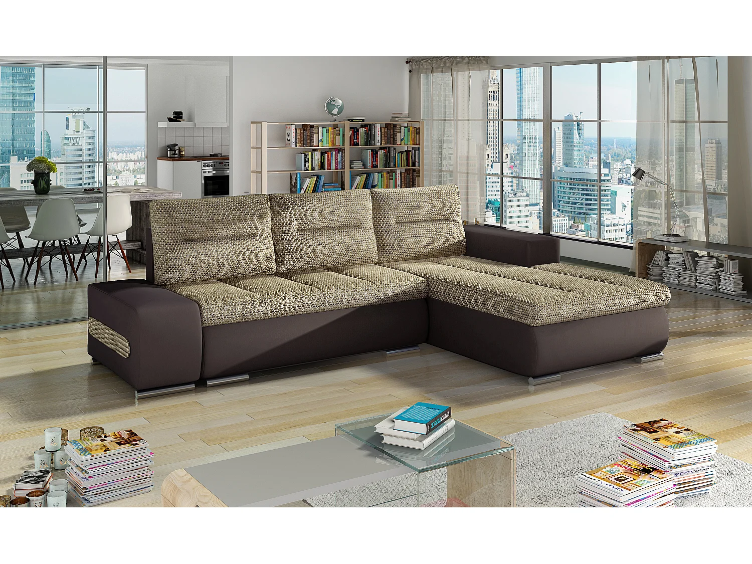 Canapé convertible angle droit tissu beige chiné et simili marron Waker 275cm