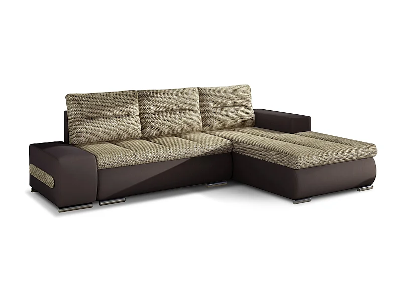 Canapé convertible angle droit tissu beige chiné et simili marron Waker 275cm