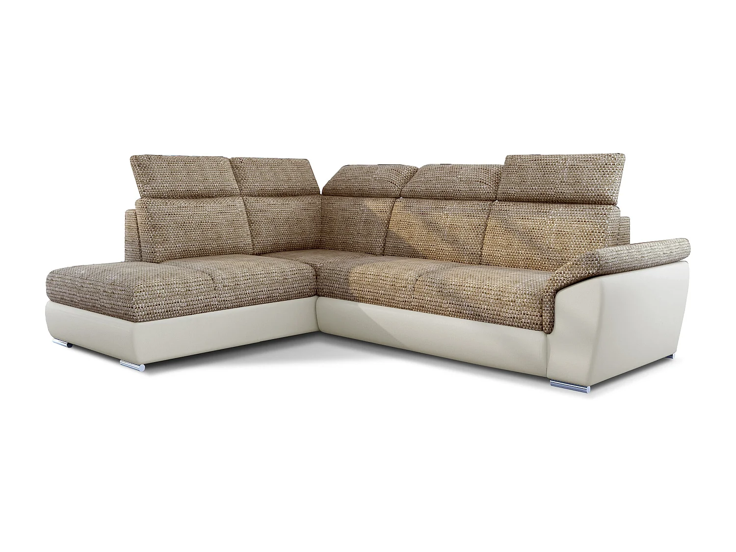 Canapé angle gauche convertible tissu beige chiné et simili beige avec appuis-tête réglables Kepita 260cm