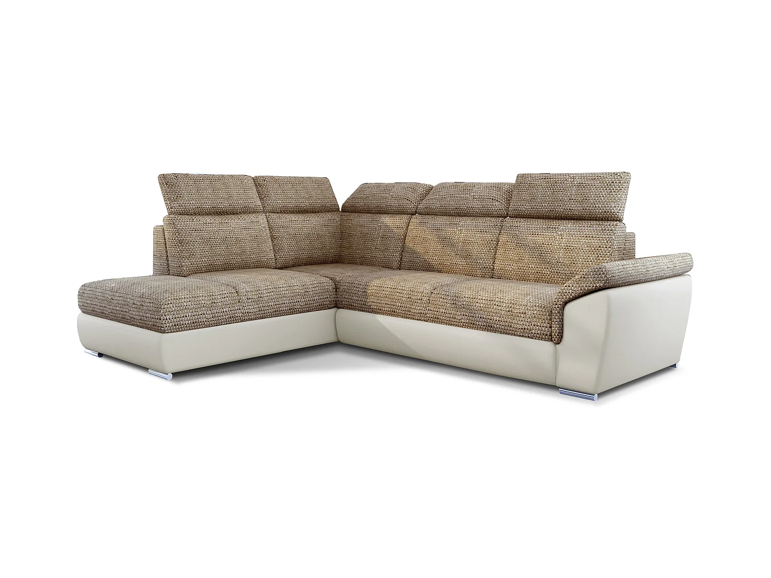 Canapé angle gauche convertible tissu beige chiné et simili beige avec appuis-tête réglables Kepita 260cm