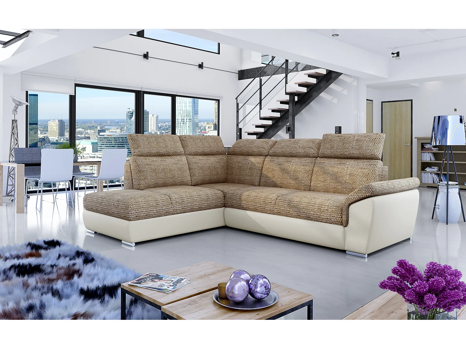 Canapé angle gauche convertible tissu beige chiné et simili beige avec appuis-tête réglables Kepita 260cm