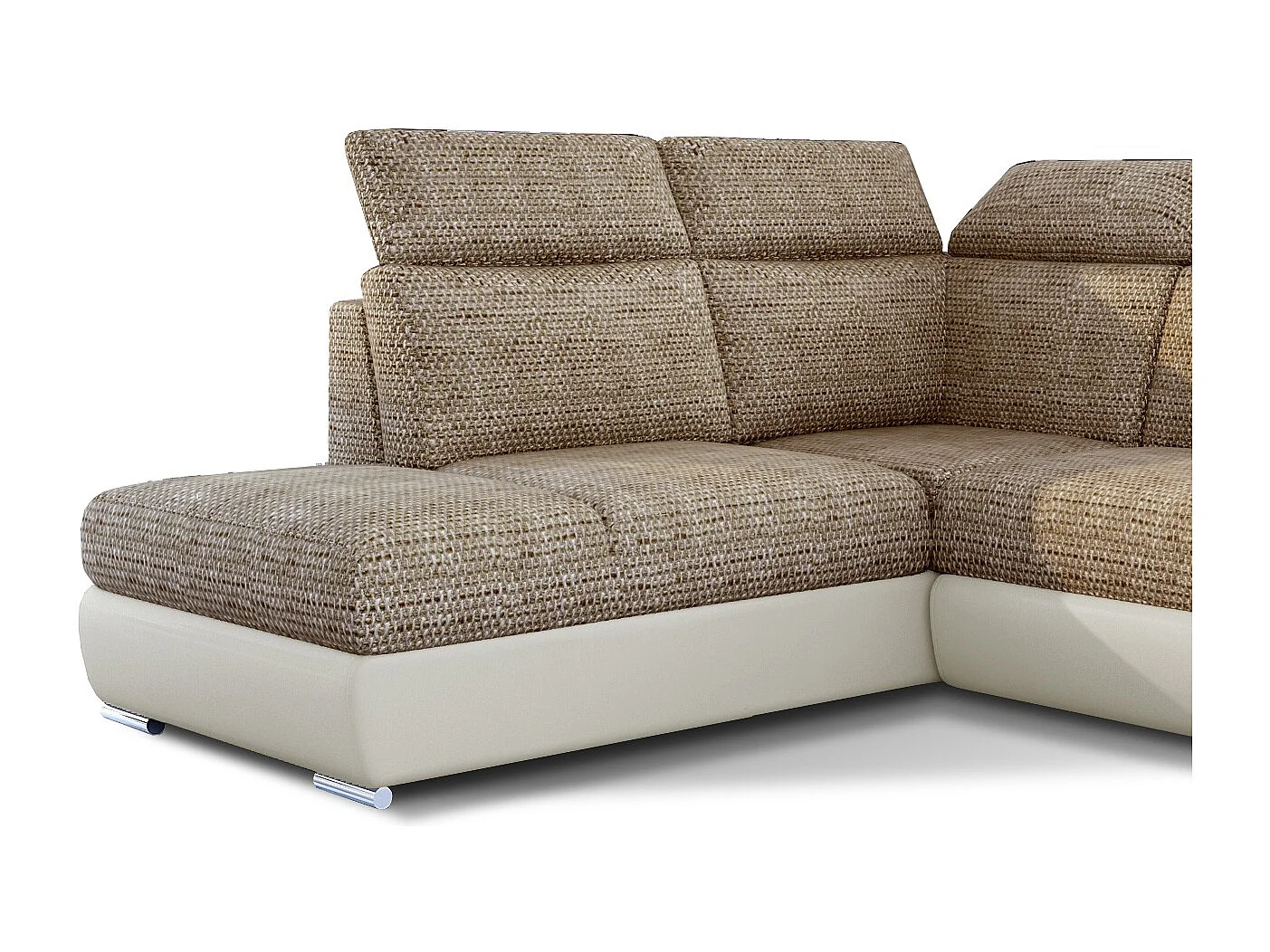 Canapé angle gauche convertible tissu beige chiné et simili beige avec appuis-tête réglables Kepita 260cm