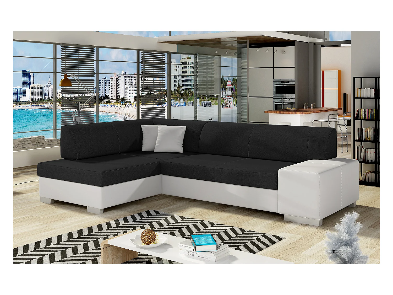 Canapé convertible angle gauche tissu noir et simili cuir blanc Polky 272cm