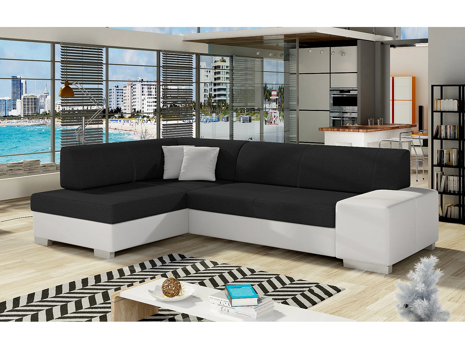 Canapé convertible angle gauche tissu noir et simili cuir blanc Polky 272cm