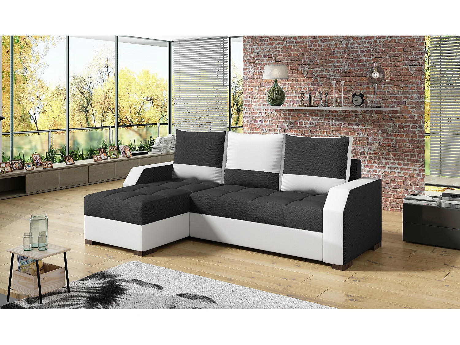 Canapé convertible angle réversible design tissu anthracite et simili cuir blanc Zarky 250cm