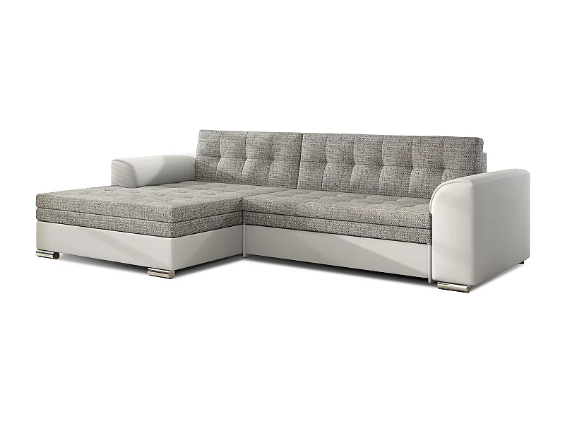 Canapé angle gauche convertible simili blanc et tissu gris clair chiné Kapitona 270cm