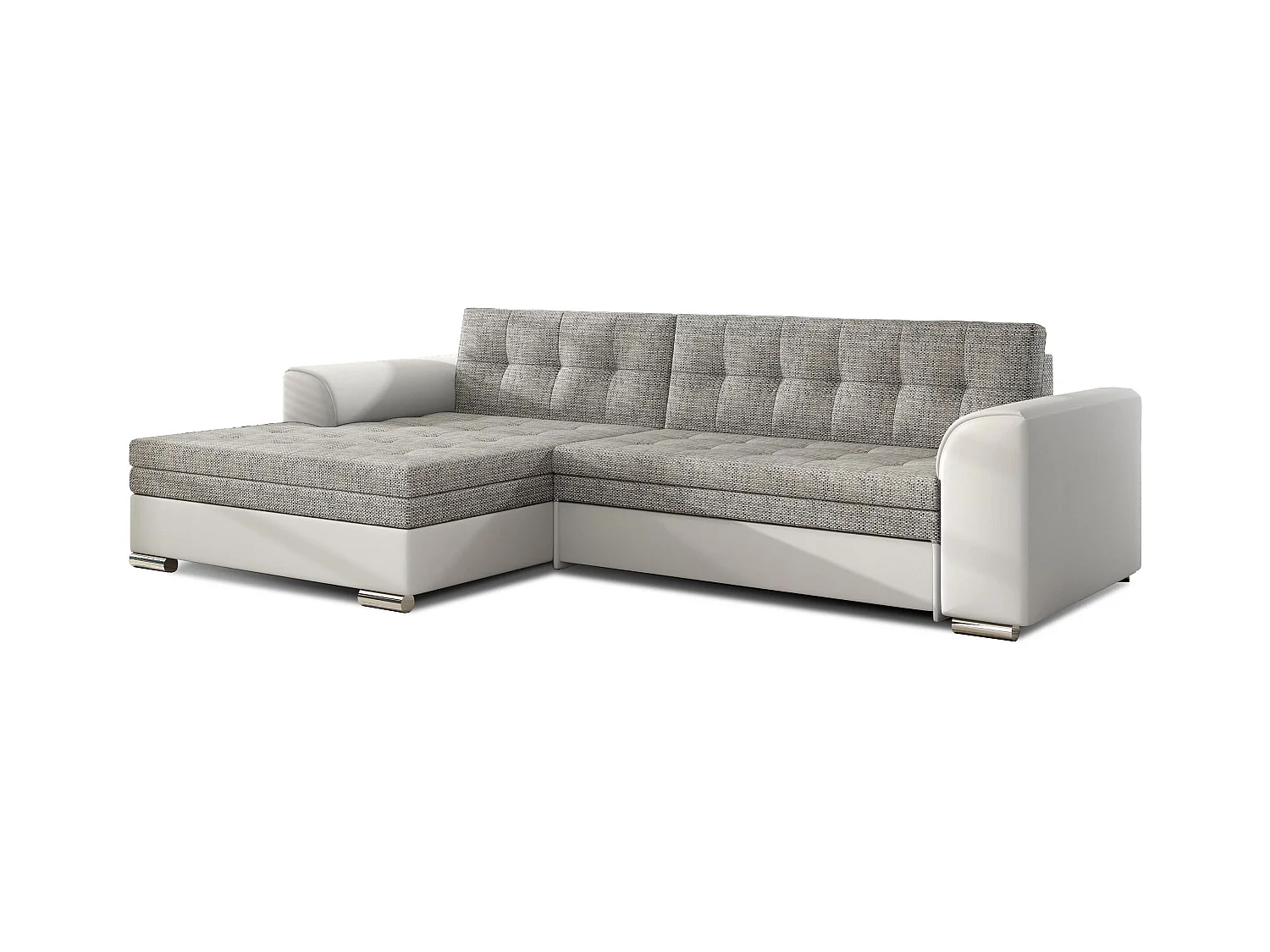 Canapé angle gauche convertible simili blanc et tissu gris clair chiné Kapitona 270cm