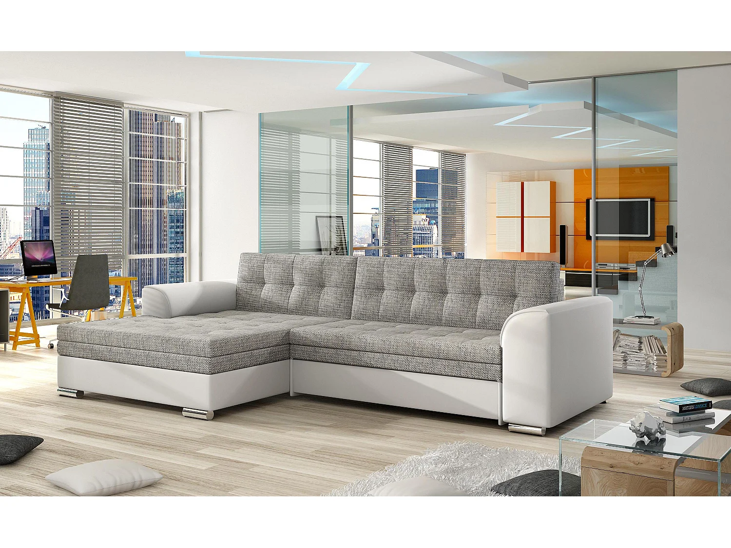 Canapé angle gauche convertible simili blanc et tissu gris clair chiné Kapitona 270cm