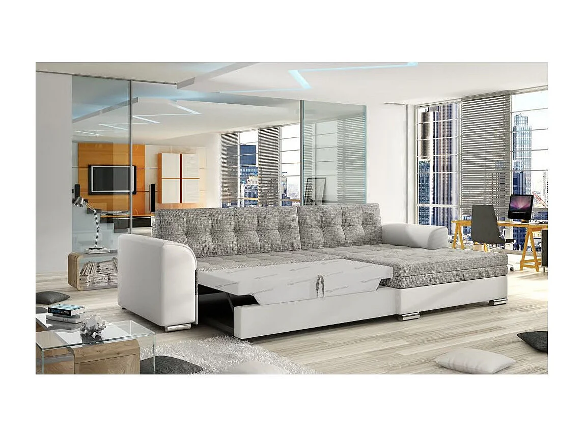 Sofá esquinero convertible KAPONA en tela y piel sintética - Patas de acero cromado-Blanco/Gris jaspeado-Ángulo izquierdo