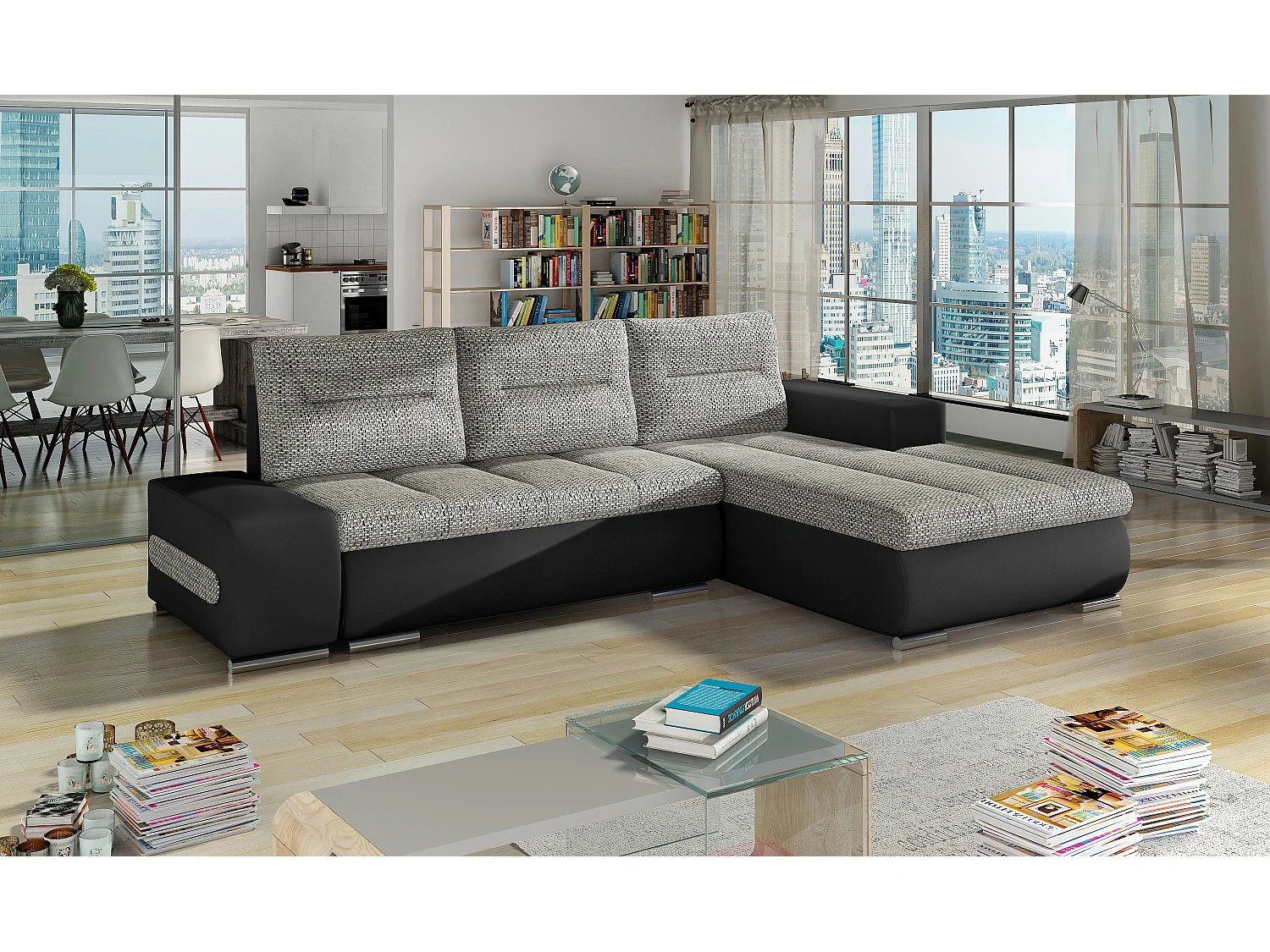 Canapé convertible angle droit tissu gris chiné et simili noir Waker 275cm