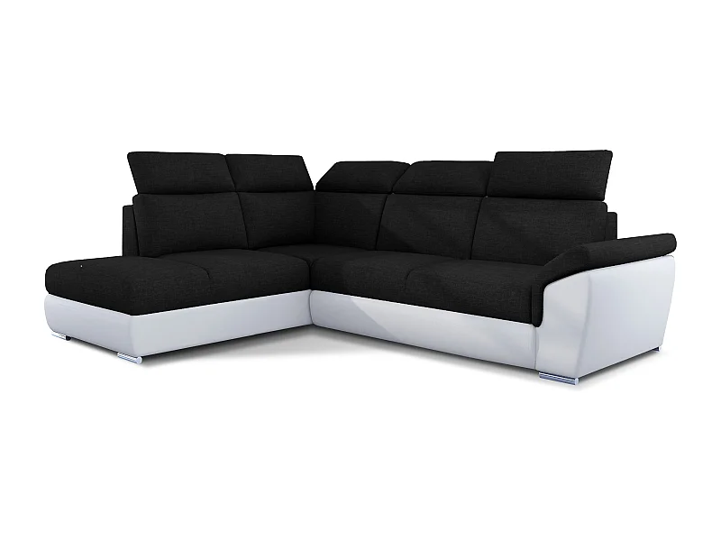 Canapé angle gauche convertible tissu noir et simili cuir blanc avec appuis-tête réglables Kepita 260cm