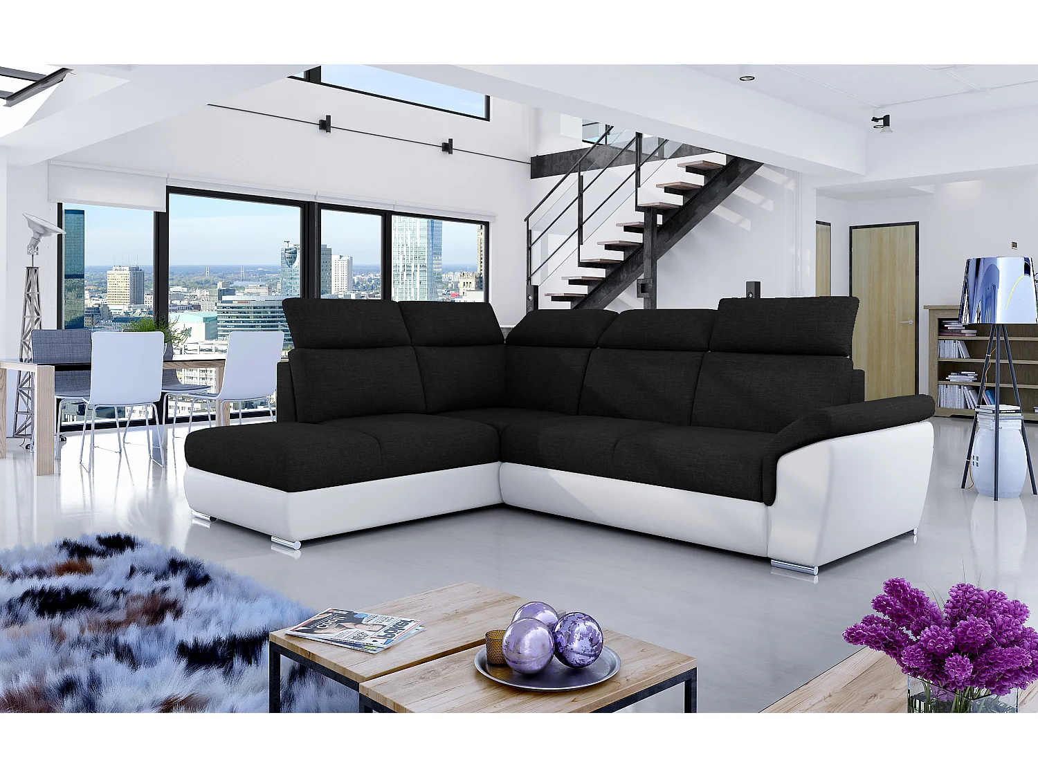 Canapé angle gauche convertible tissu noir et simili cuir blanc avec appuis-tête réglables Kepita 260cm