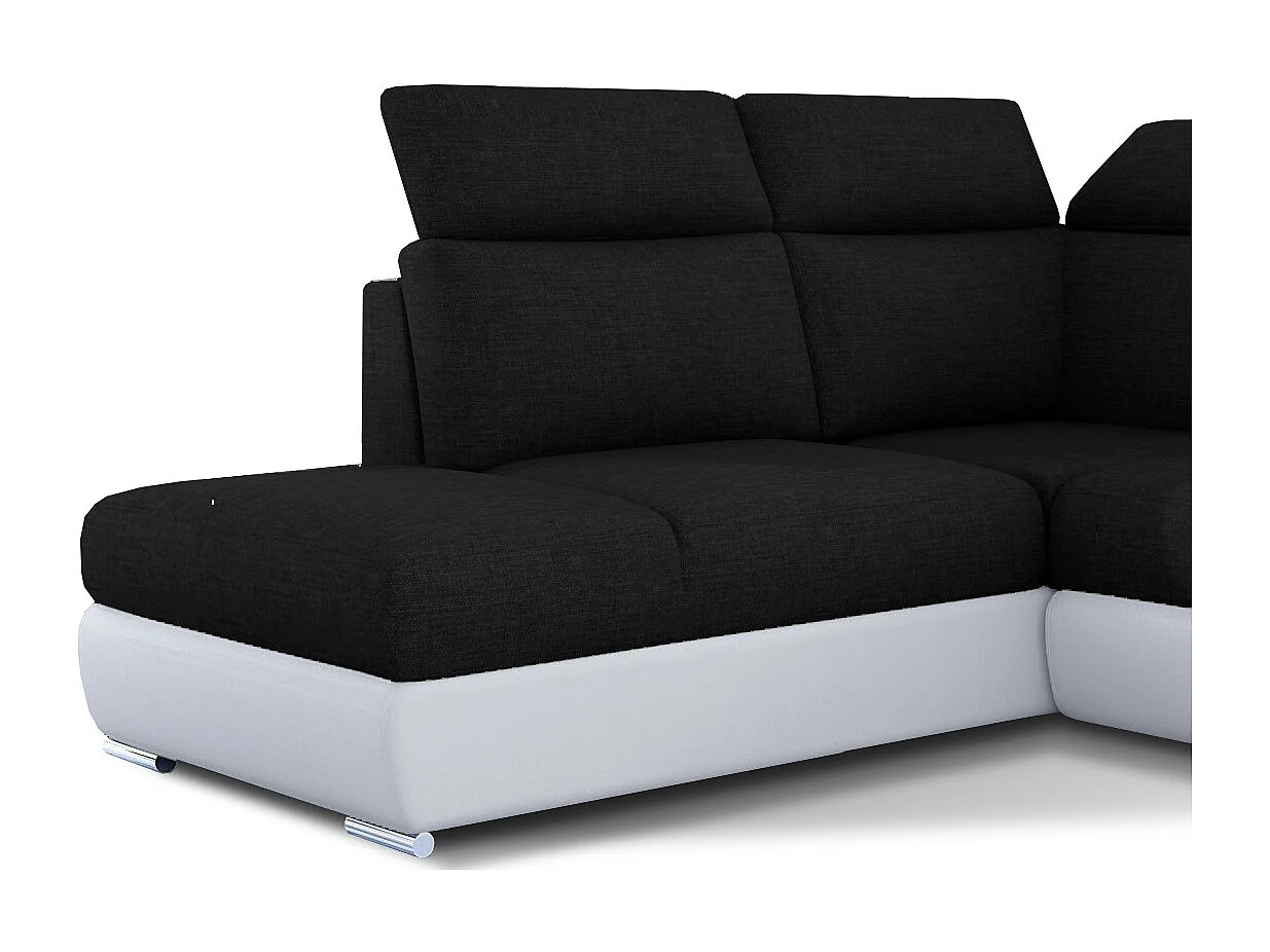 Canapé angle gauche convertible tissu noir et simili cuir blanc avec appuis-tête réglables Kepita 260cm