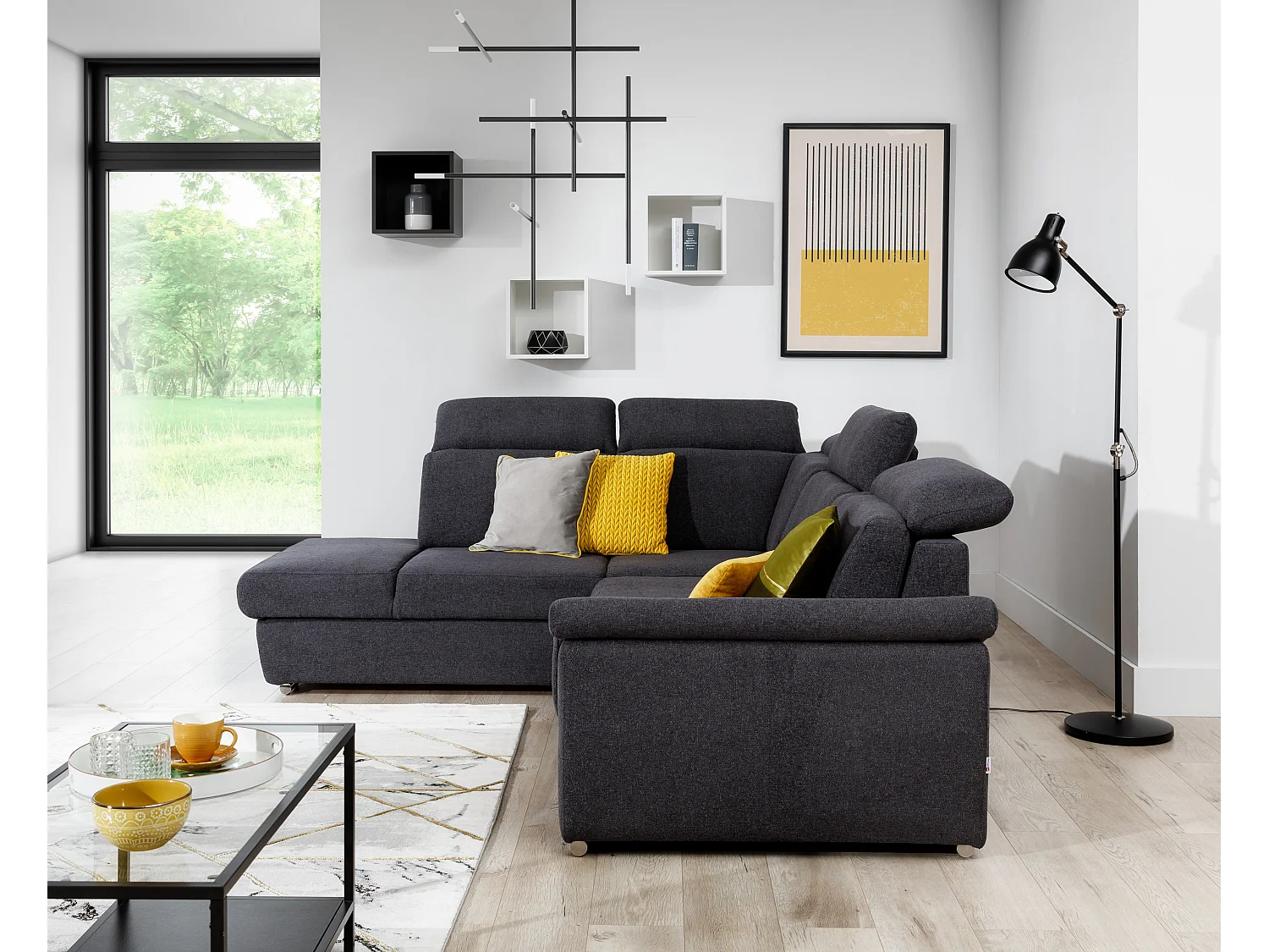 Canapé angle gauche convertible tissu noir et simili cuir blanc avec appuis-tête réglables Kepita 260cm