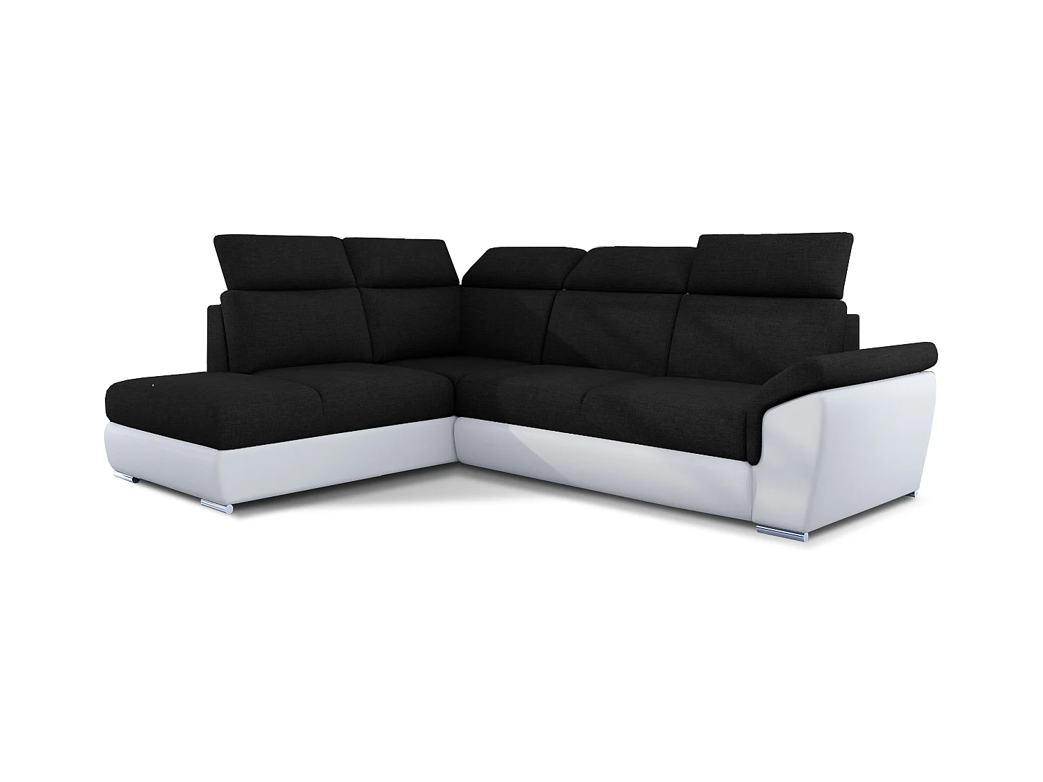Canapé angle gauche convertible tissu noir et simili cuir blanc avec appuis-tête réglables Kepita 260cm