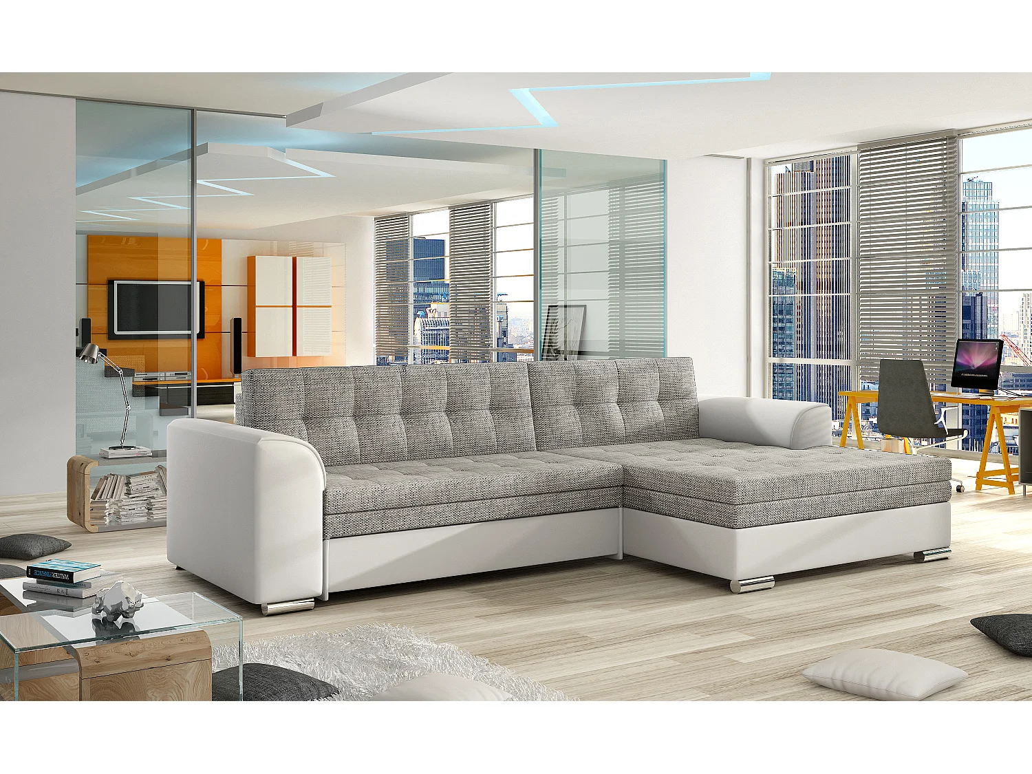 Canapé angle droit convertible simili blanc et tissu gris clair chiné Kapitona 270cm