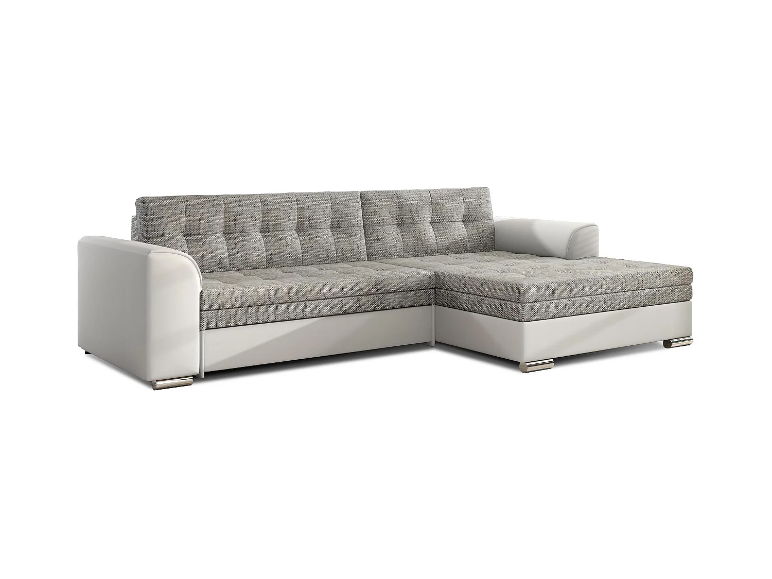 Canapé angle droit convertible simili blanc et tissu gris clair chiné Kapitona 270cm