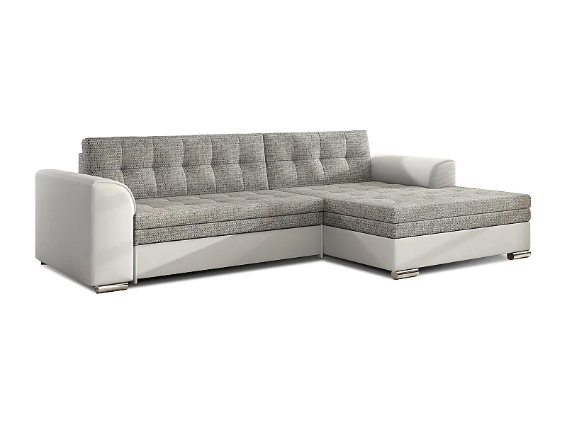 Canapé angle droit convertible simili blanc et tissu gris clair chiné Kapitona 270cm