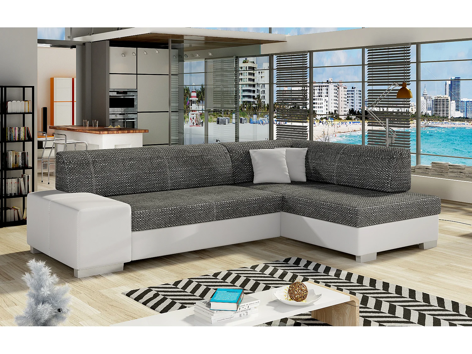 Canapé convertible angle droit simili cuir blanc et tissu noir chiné Polky 272cm