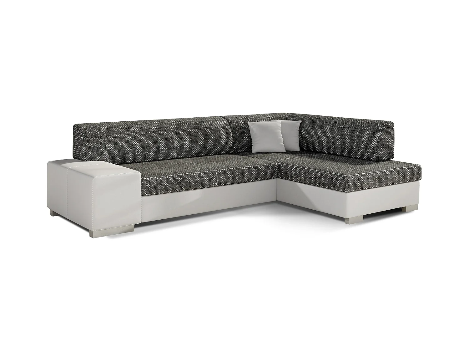 Canapé convertible angle droit simili cuir blanc et tissu noir chiné Polky 272cm
