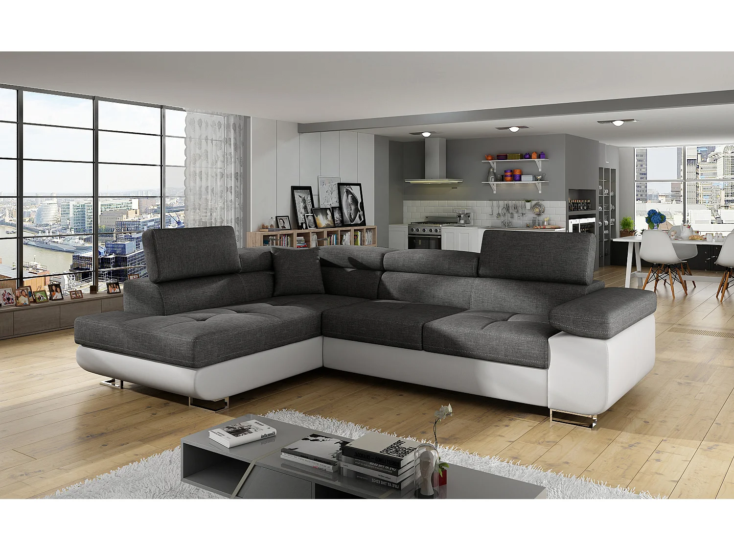 Canapé d'angle gauche convertible tissu gris foncé et simili blanc Marka 275cm