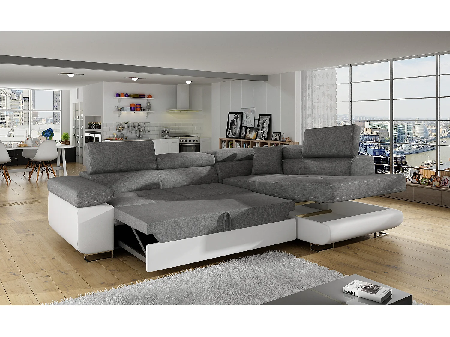 Canapé d'angle gauche convertible tissu gris foncé et simili blanc Marka 275cm