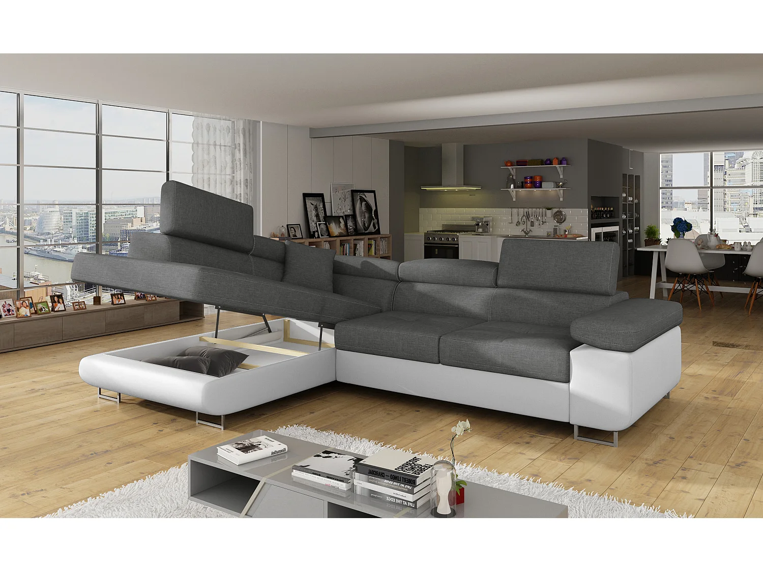 Canapé d'angle convertible simili cuir et tissu MARKA - Coffre et appuis-tête réglables-Blanc/Gris foncé-angle gauche