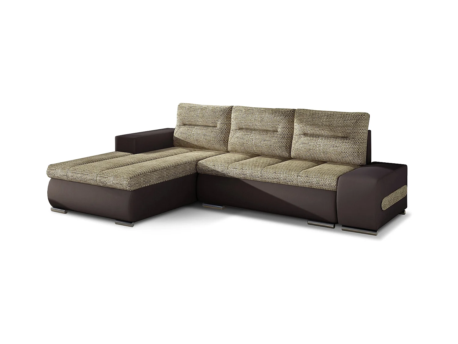 Canapé convertible angle gauche tissu beige chiné et simili marron Waker 275cm