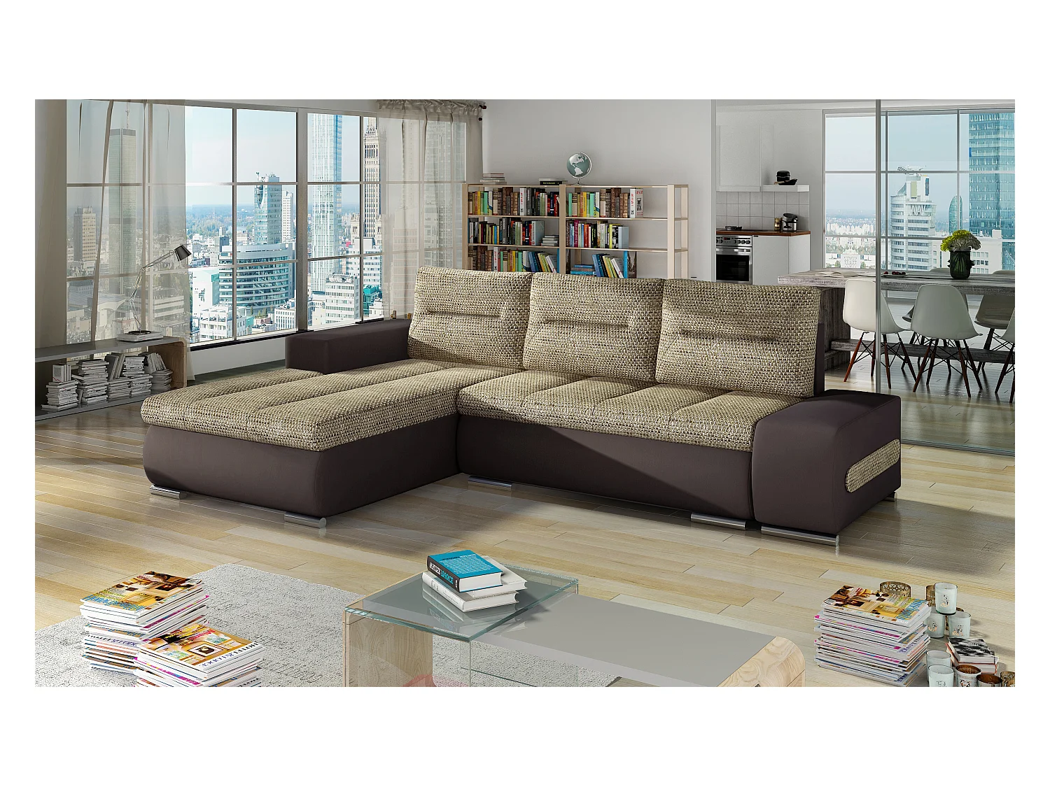 Canapé convertible angle gauche tissu beige chiné et simili marron Waker 275cm
