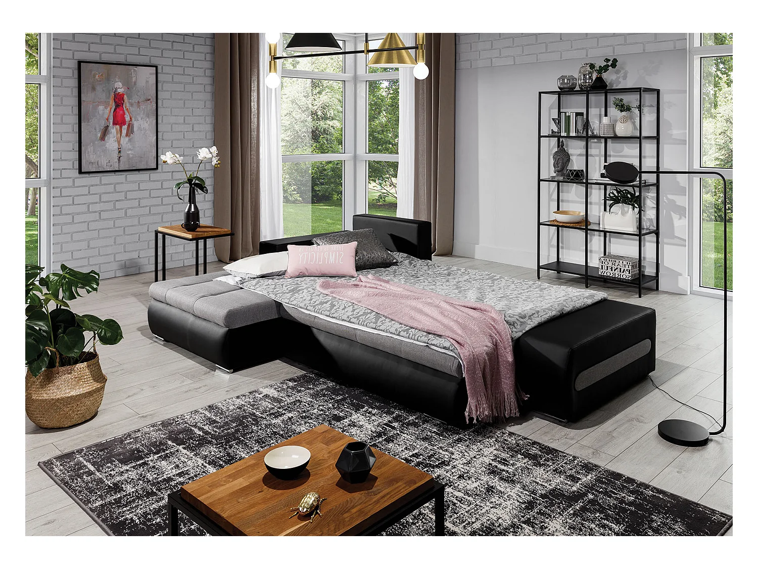 Canapé convertible angle gauche tissu beige chiné et simili marron Waker 275cm